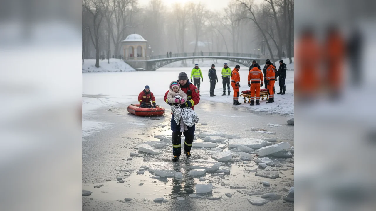 Fetiță de 5 ani, scoasă din lacul înghețat de un bărbat nepalez în Parcul Nicolae Romanescu din Craiova